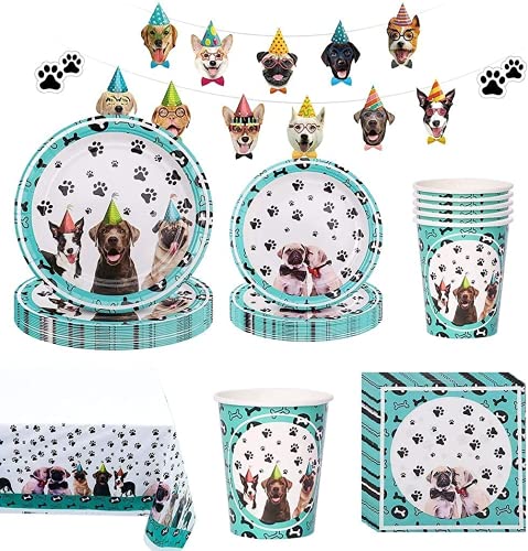 GOOODBUY Partybloom 34 suministros para fiestas de perros, vajilla desechable para perros con platos de perro tazas y servilletas para 8 para decoración de fiestas temáticas de cumpleaños para perros