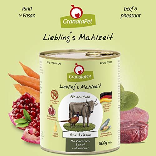 GranataPet Liebling's Comida Vacuna y faisán, Comida húmeda para Perros, Comida para Perros sin Cereales y sin aditivos de azúcar, alimento Completo, 6 x 800 g