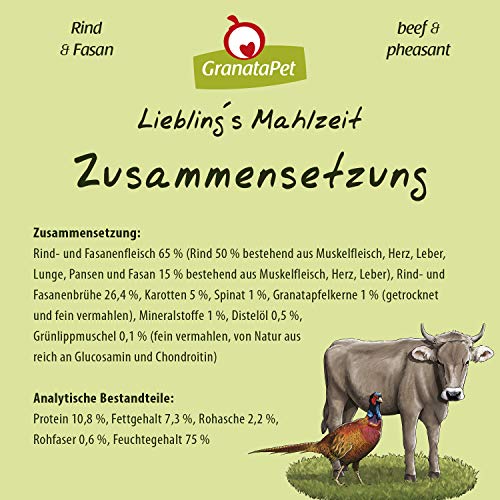 GranataPet Liebling's Comida Vacuna y faisán, Comida húmeda para Perros, Comida para Perros sin Cereales y sin aditivos de azúcar, alimento Completo, 6 x 800 g