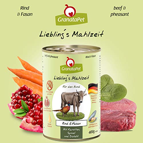 GranataPet Liebling's Comida Vacuna y faisán, Comida húmeda para Perros, Comida para Perros sin Cereales y sin aditivos de azúcar, alimento Completo, 6 x 400 g