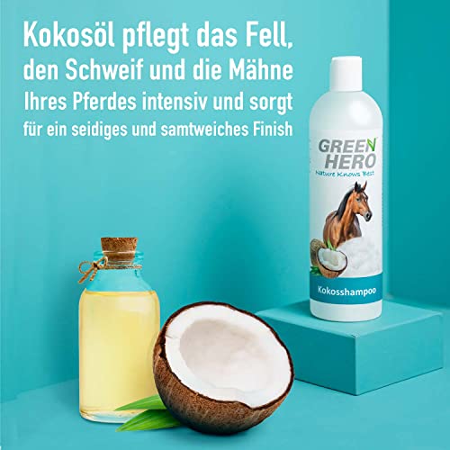 Green Hero Champú de coco para caballos, cola y crin – 500 ml champú para caballos con aceite de coco natural – Champú para todos los tipos de pelaje – sin siliconas, parabenos y microplásticos