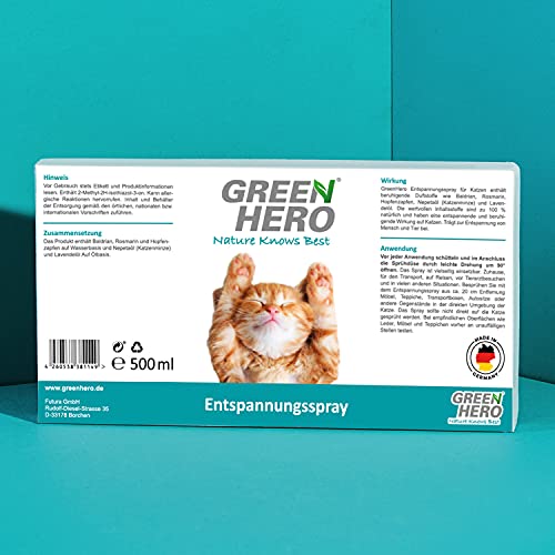 Green Hero Spray Calmante Gatos 500ml – Antiestrés Gatos Spray Contiene Fragancias Calmantes como Valeriana, La-vanda y Hierba Gatera Natural – Bienestar, Relajación y Antiestrés para Gatos