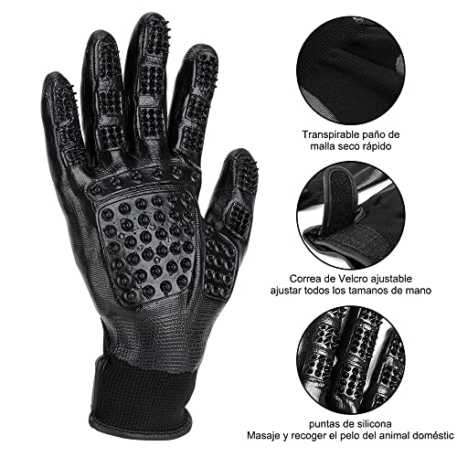 Guantes Quita pelos Mascota quita pelos mascota guante pelo perro gato manopla cepillo quitapelo depilación con Pelaje Corto a Largo recoge pelos Un Par Ajustable Peine masajes Grooming (Negro)