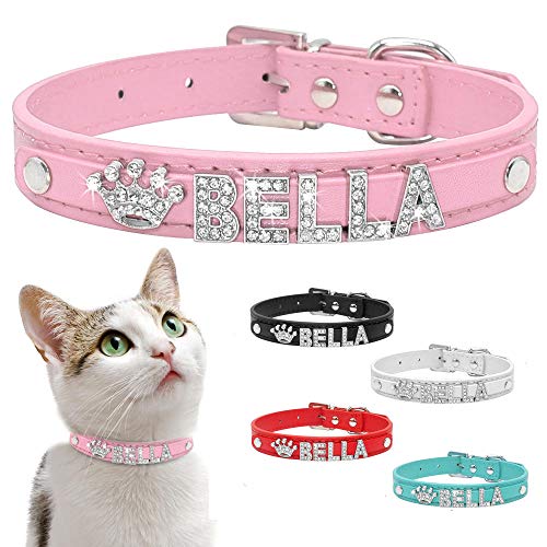 Gulunmun Collar de Gato Personalizado Cachorro de Diamantes de imitación Collares de Perros pequeños Personalizado para Chihuahua Nombre de Yorkshire Encantos Accesorios para Gatos-   Rosa Liso XS