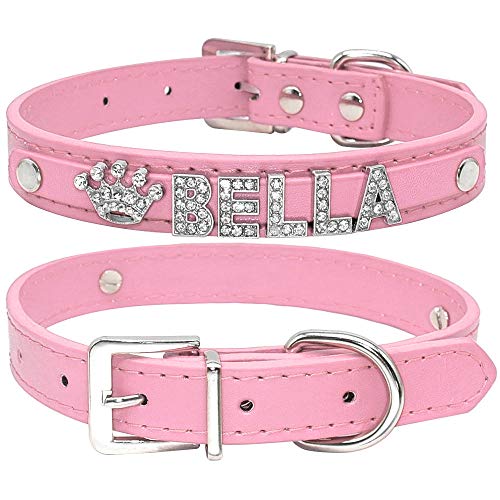 Gulunmun Collar de Gato Personalizado Cachorro de Diamantes de imitación Collares de Perros pequeños Personalizado para Chihuahua Nombre de Yorkshire Encantos Accesorios para Gatos-   Rosa Liso XS