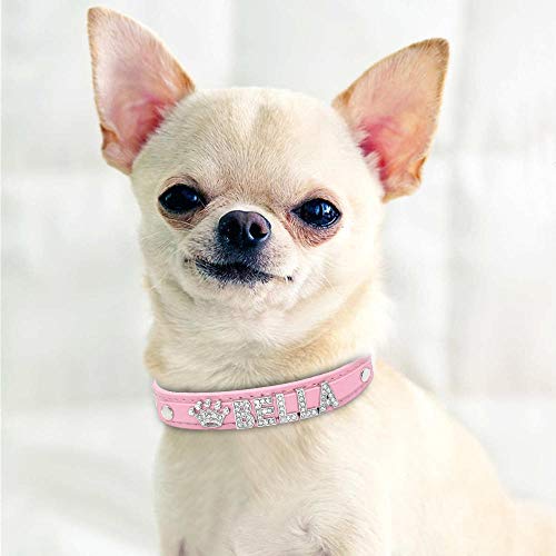 Gulunmun Collar de Gato Personalizado Cachorro de Diamantes de imitación Collares de Perros pequeños Personalizado para Chihuahua Nombre de Yorkshire Encantos Accesorios para Gatos-   Rosa Liso XS