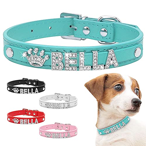 Gulunmun Collar de Perro Personalizado Cuero de PU Puppy Cat ID Collares Rhinestone Heart Star Accesorio para Perros para Perros pequeños y medianos Chihuahua-Blue_29_to_38cm