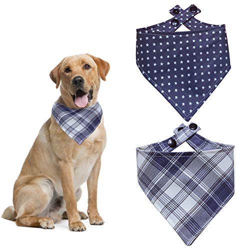 HACRAHO Bandana para perro con botón, 2 piezas lavable triángulo de algodón doble capa triángulo bufanda para perro bufanda para perros gatos, estrella de cinco puntas y cuadros, M