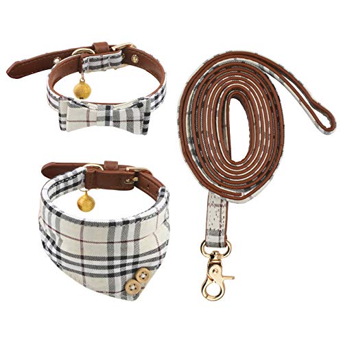 HACRAHO Conjunto de collar y correa para perro, 3 collares ajustables con campana para cachorros, gatos, pañuelo clásico a cuadros para perros, cachorros y gatos para caminar al aire libre