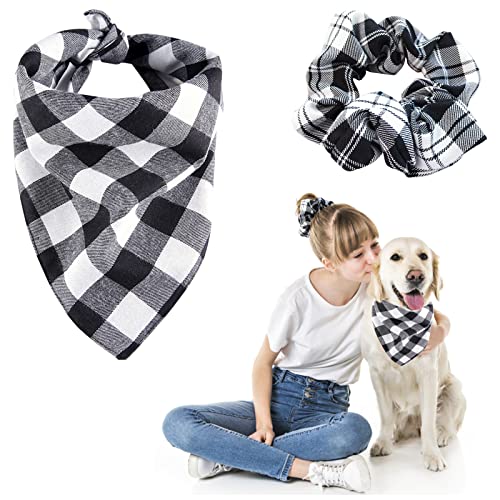 HACRAHO Juego de Bandana Y Coletero para Perro, PC 2 Pañuelo A Cuadros para Perro Y Pañuelo para Perro A Juego, Baberos con Coletero para el Pelo para Dueños de Perros Y Mascotas, En Blanco Y Negro