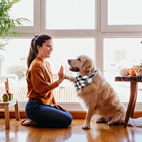 HACRAHO Juego de Bandana Y Coletero para Perro, PC 2 Pañuelo A Cuadros para Perro Y Pañuelo para Perro A Juego, Baberos con Coletero para el Pelo para Dueños de Perros Y Mascotas, En Blanco Y Negro