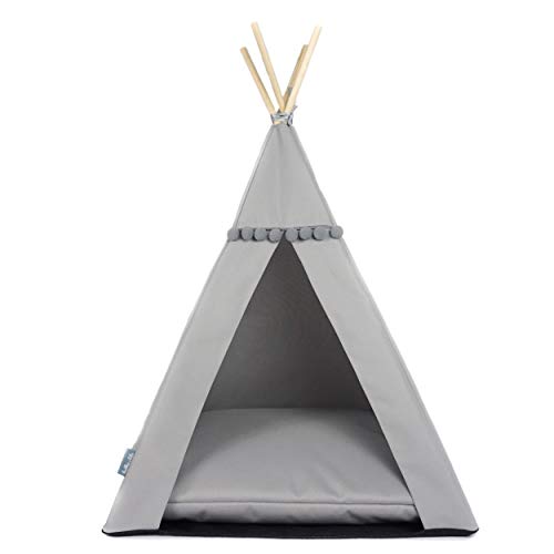 Halkalife Tipi para perros con pompones, tienda impermeable para perros y tienda de lujo para cachorros, wigwam, casa para perros, nido para perros (L, gris, gris)