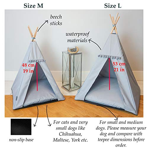 Halkalife Tipi para perros con pompones, tienda impermeable para perros y tienda de lujo para cachorros, wigwam, casa para perros, nido para perros (L, gris, gris)