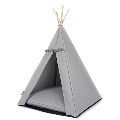 Halkalife Tipi para perros con pompones, tienda impermeable para perros y tienda de lujo para cachorros, wigwam, casa para perros, nido para perros (L, gris, gris)