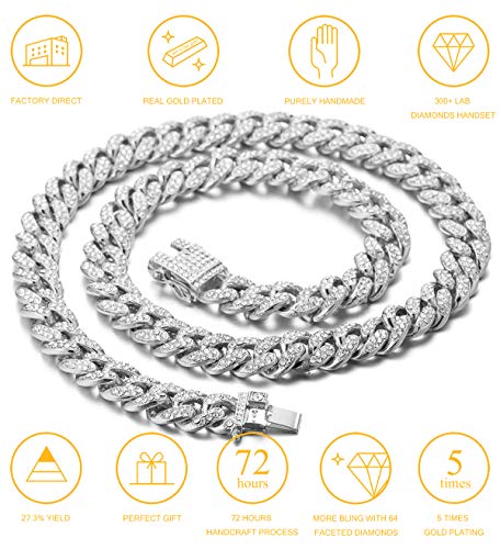 Halukakah Cadena de Oro Iced out para Gato,Diamante Cubano Collar Collarín 14MM Chapado en Oro Blanco Platino 20cm Talla S con Gratis Caja de Regalo,Solo Decoración