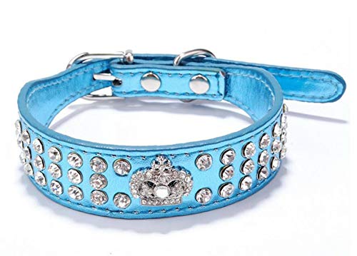 haoyueer Collar de perro con diamantes de imitación Corona Diamante Joyería Cristal PU Cuero Pet Dog Cat Puppy Collar … (M, azul)