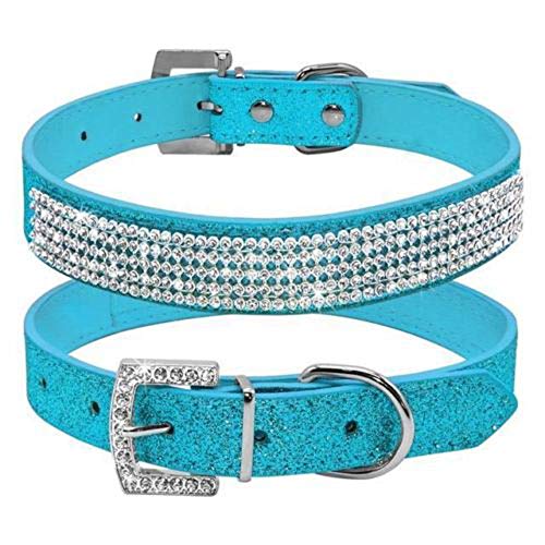 haoyueer Collar de piel brillante para perro y gato, con diamantes de imitación, con diamantes de imitación, con diamantes de cristal, para perrito, color azul