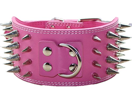 haoyueer Collar para perro con 4 filas de cuero de 7,62 cm de ancho + correa para perro, resistente ajuste Pit Bull Terrier Mastín (rosa fuerte, L)