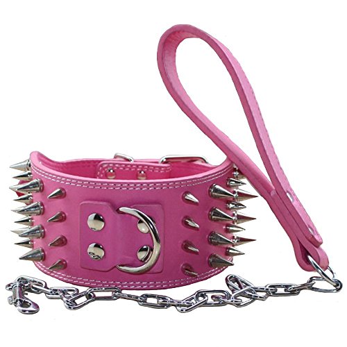 haoyueer Collar para perro con 4 filas de cuero de 7,62 cm de ancho + correa para perro, resistente ajuste Pit Bull Terrier Mastín (rosa fuerte, L)