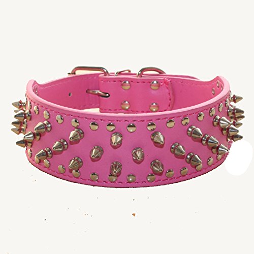 haoyueer Collares de perro tachonado con remaches punzales con hebilla de acero inoxidable Correa de cadena de cuero suave Combo Set de trabajo pesado Pitbull, Bulldog, Doberman (M, rosa caliente)