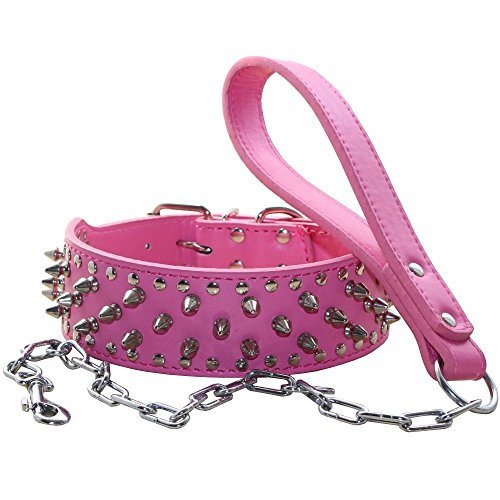 haoyueer Collares de perro tachonado con remaches punzales con hebilla de acero inoxidable Correa de cadena de cuero suave Combo Set de trabajo pesado Pitbull, Bulldog, Doberman (M, rosa caliente)