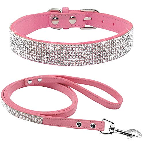 haoyueer Lindo Deslumbrante y Elegante Elegante de Gamuza Suave de Cuero con Diamantes de Imitaci de Cristal Jeweled Pet Cat Dog Dog Collar de Perro Correa Combo Set