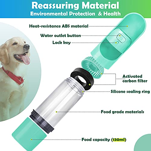 HAPPY HACHI Botella Agua Perro Portatil 300ml con Filtro, Recipiente Viaje Comida Plegable 130ml, Prueba Fugas Dispensador Cachorro para Paseo Aire Libre, Verde