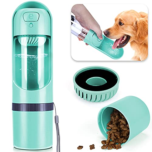 HAPPY HACHI Botella Agua Perro Portatil 300ml con Filtro, Recipiente Viaje Comida Plegable 130ml, Prueba Fugas Dispensador Cachorro para Paseo Aire Libre, Verde