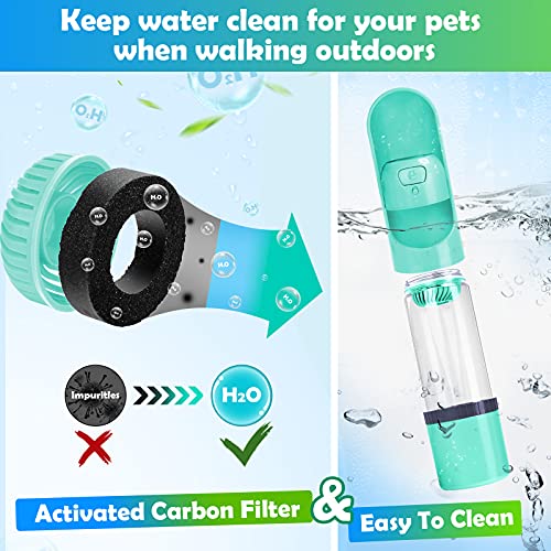 HAPPY HACHI Botella Agua Perro Portatil 300ml con Filtro, Recipiente Viaje Comida Plegable 130ml, Prueba Fugas Dispensador Cachorro para Paseo Aire Libre, Verde