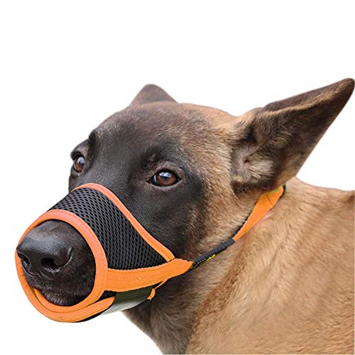 HEELE Bozal para Perros Bozal Perro Anti-Mordedor Fit Bozal para Perros Malla Transpirable con Forma de Boca para Perros, Negro-Nananja, L