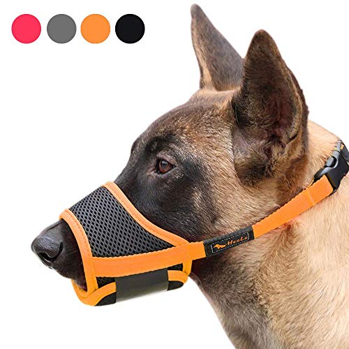 HEELE Bozal para Perros Bozal Perro Anti-Mordedor Fit Bozal para Perros Malla Transpirable con Forma de Boca para Perros, Negro-Nananja, L