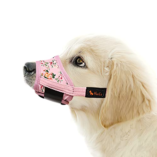 HEELE Bozal para Perros Grandes Bozales Perro Anti-Ladridos con Anti-Mordida Bozales para Perro Suave Ajustables con Bonito Estampado Corte de Uñas y Colirio, Flor Rosa, L