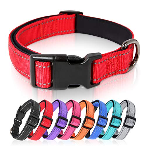 HEELE Collar Perro, Collar Nylon Reflectante Neopreno Forrado Ajustable para Perro Grande, Rojo, L