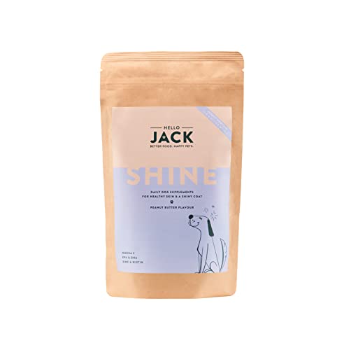 Hello Jack Suplemento para Perros Shine - Apoyo Natural para Pelo, Piel y el Pelaje - Ácidos grasos Omega 3 y 6, EPA, DHA, Zinc, Vitamina C - Golosina Masticable, Sabor Mantequilla de Maní - 190g