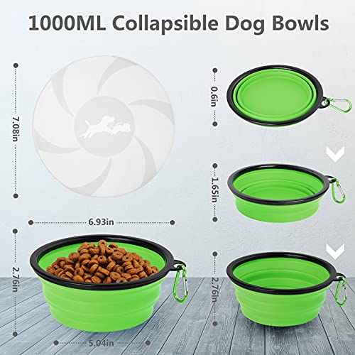 Hianjoo Cuenco Perro, 2 * 1000ML Plegable Viajes Silicona Gatos Perros Bowl Comedero para Mascotas Bebedero Plegable de Viaje con Gancho de Agua y Tapa, Juego de 2 Verde y Azul