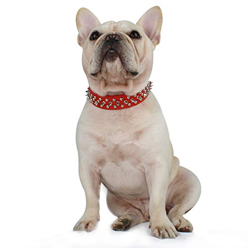 Hifrenchies Collar de piel de microfibra ajustable con remaches, para perros franceses, bulldog, para perros pequeños, medianos y grandes (L,rojo)