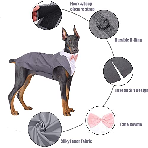 Hjyokuso Traje de Esmoquin para Perros de Tamaño Pequeño/Mediano/Grande, Ropa para Mascotas, Camisa para Cachorros con Lazo Negro Extraíble, Disfraz Formal para Bodas y Festivales(Gris, XXL)