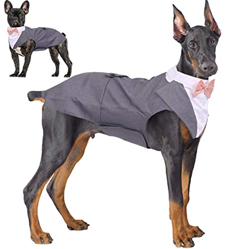 Hjyokuso Traje de Esmoquin para Perros de Tamaño Pequeño/Mediano/Grande, Ropa para Mascotas, Camisa para Cachorros con Lazo Negro Extraíble, Disfraz Formal para Bodas y Festivales(Gris, XXL)