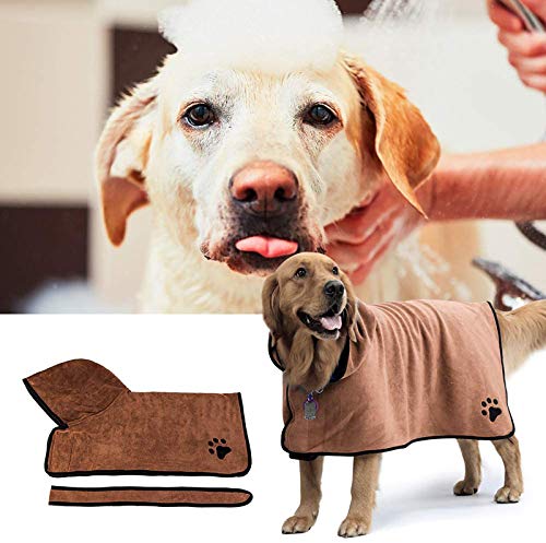 Hmpet Albornoz para Perros,Toalla De Microfibra Absorbente para Gatos Baño Suave Secado Rápido Capa Fácil De Lavar Cinta Mágica Ajustable en El Cuello y La Cintura,Marrón,XL