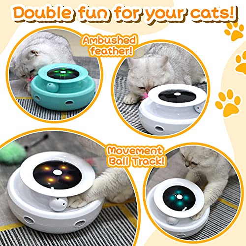 HOFIT Juguete para Gatos Interactivo, Pistas de Emboscada y Bolas 2 en 1 Juguete Robótico para Gatos con 4 Plumas Intercambiables, Juguetes eléctricos de Bolas para Gatos para Gatos (Blanco)