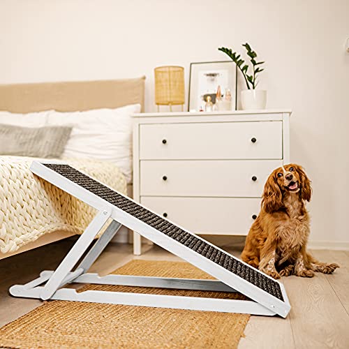 Holtaz Rampa para Perros y Gatos Rampa Plegable con Forro Antideslizante Rampa para escaleras de Madera para Cama o Sofá Blanca 104x35x60 cm