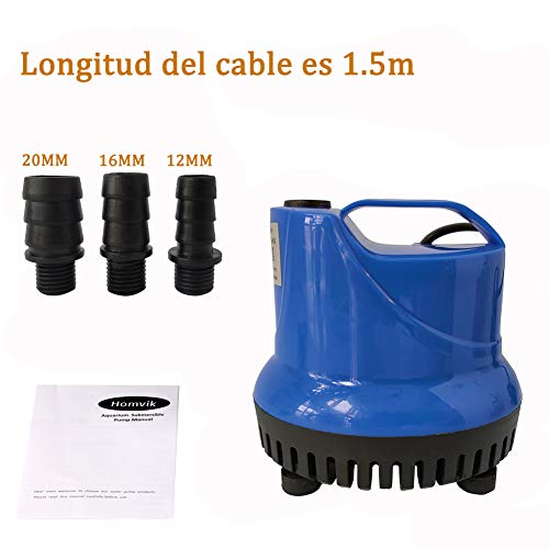 Homvik Bomba de Agua Sumergible 3000L/H 60W con 3 Boquillas Bomba de Agua para Fuente Acuario Estanque Pecera Ultra Silencioso Circulación de Agua Dulce y Marino 3.5m de Altura - Azul