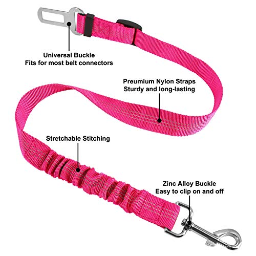 HONZUEN Ajustable Universal Cinturón de Seguridad de Coche para Perros, 2 Mascotas Arnés del Cinturón Coche con Arnés de Alambre Elástico y Fuerte Mosquetón, Pet Seat Belt para Perros y Gatos(Rosa)