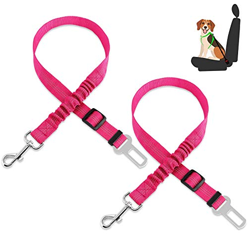 HONZUEN Ajustable Universal Cinturón de Seguridad de Coche para Perros, 2 Mascotas Arnés del Cinturón Coche con Arnés de Alambre Elástico y Fuerte Mosquetón, Pet Seat Belt para Perros y Gatos(Rosa)