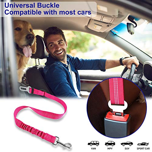 HONZUEN Ajustable Universal Cinturón de Seguridad de Coche para Perros, 2 Mascotas Arnés del Cinturón Coche con Arnés de Alambre Elástico y Fuerte Mosquetón, Pet Seat Belt para Perros y Gatos(Rosa)