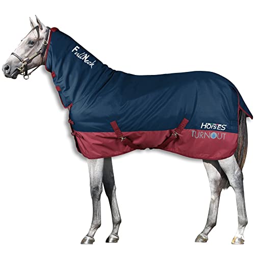 Horses, Manta de Paddock para Caballo Turnout Full Neck 400 g, Impermeable, con Cuello, Resistente, con Cinchuelos Cruzados, Azul/Granate, 155 cm