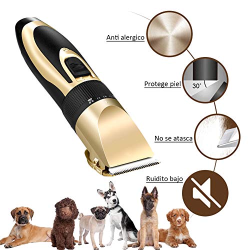 HOTSO Cortapelos Perros, Maquinillas Eléctricas Recortador de Pelo Poco Ruido para Mascotas Gatos Perra Recargable Inalámbrico y Profesional Vibración Suave Cortar Ajustable - Kit de 9 Piezas