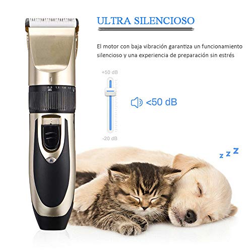 HOTSO Cortapelos Perros, Maquinillas Eléctricas Recortador de Pelo Poco Ruido para Mascotas Gatos Perra Recargable Inalámbrico y Profesional Vibración Suave Cortar Ajustable - Kit de 9 Piezas