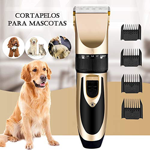 HOTSO Cortapelos Perros, Maquinillas Eléctricas Recortador de Pelo Poco Ruido para Mascotas Gatos Perra Recargable Inalámbrico y Profesional Vibración Suave Cortar Ajustable - Kit de 9 Piezas