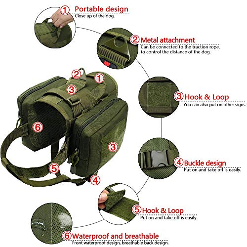 HSDCK Impermeable Perro táctico Arnés Mochila Bolsa de sillín para la Mediana Grande Viaje Perros de excursión Que acampa con la manija,Verde,L